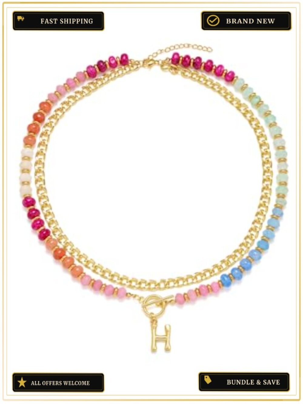 Layered Beaded Necklace 14K Gold Plated Initial Chunky Chain Choker Boho Summer